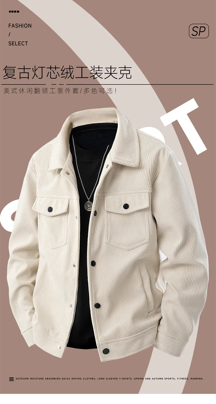 Spring and Autumn Men's Corduroy Lapel Jacket 2025 Men's New American Retro Brand Loose and Handsome Multi-pocket Cargo Jacket