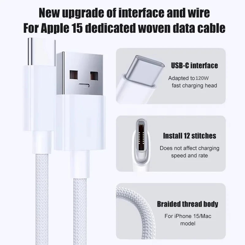 10Pcs 120W USB C Phone Cable For iPhone 16 15 17 Pro Max Plus Fast Charging Type-C Charge Braided Cables USB to Type C Data Line