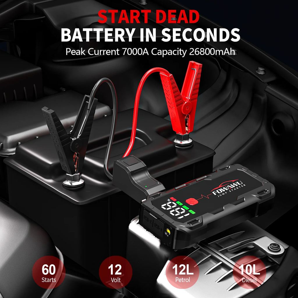 FOWAWU 26800mAh 7000A Peak Jump Starter for 12V Vehicles (12L Petrol / 10L Diesel) and Moto, Car Battery Jump Starter Power Pack