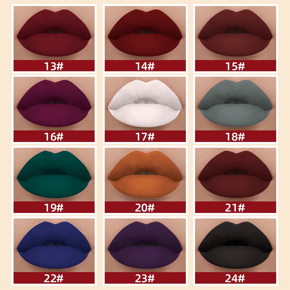 QIBEST Sexy Red Lip Gloss Long Lasting Velvet Matte Liquid Lipstick Waterproof Lip Makeup Nonstick Cup Purple Lip Tint Black