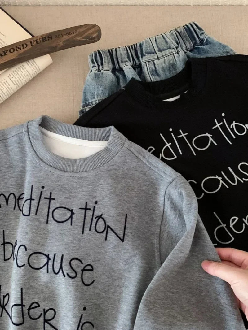 2025 Autumn New Children Solid Sweatshirt Baby Fashion Letter Printed Long Sleeve Tops Kids Girl Boy Crewneck Hoodie Clothing