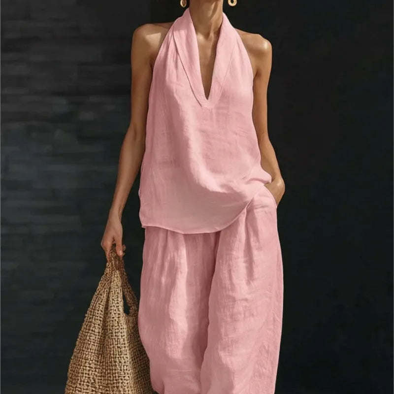 Loose Two-piece Halter Neck V-neck Sleeveless Top Trousers 2026 Summer Women's Fashion Solid Color Casual Womens Matching Sets