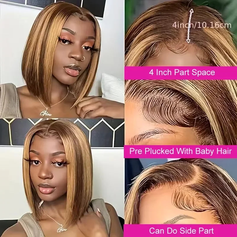 200% Density Short Bob Wigs Highlight Straight Lace Front Wigs Blonde 13x4 Transparent Lace Front Wig 100% Human Hair 427#16Inch
