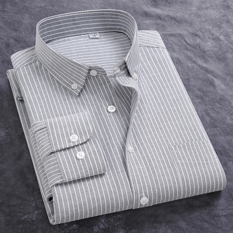 Newly Design Shirts For Men Spring Fall Long Sleeve Solid Color Oxford 100% Cotton Smart Casual Business Stripe Plaid White 5XL