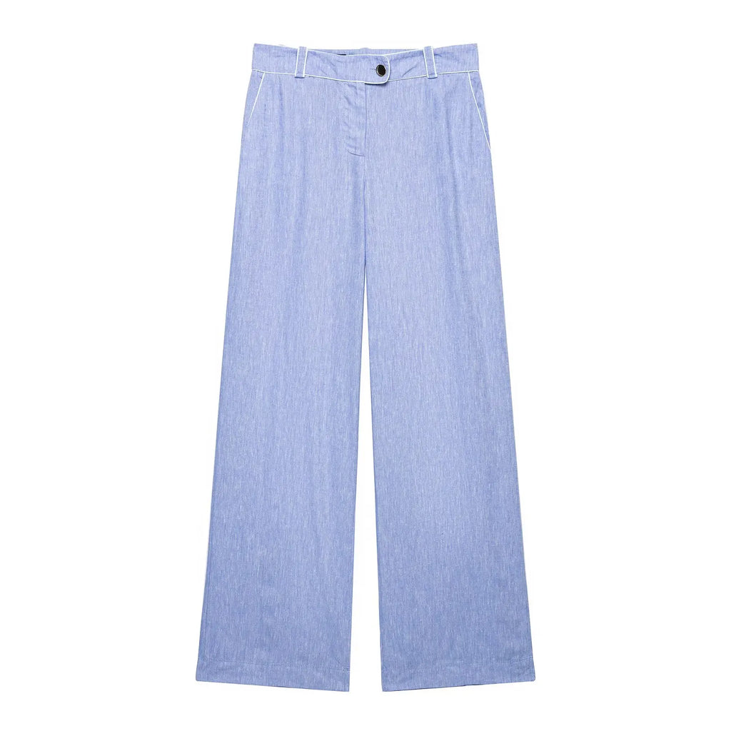 Women's High-Waist Pants Set Two Piece New 2026 Summer V-Neck Blouse with Piping and Straight Leg Pants Chic Female Outfit