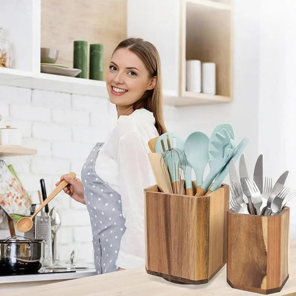 Kitchen Utensil Organizer Wooden Utensil Holder Wood Utensil Holder Rotating Countertop Organizer with Non-slip for Spatulas