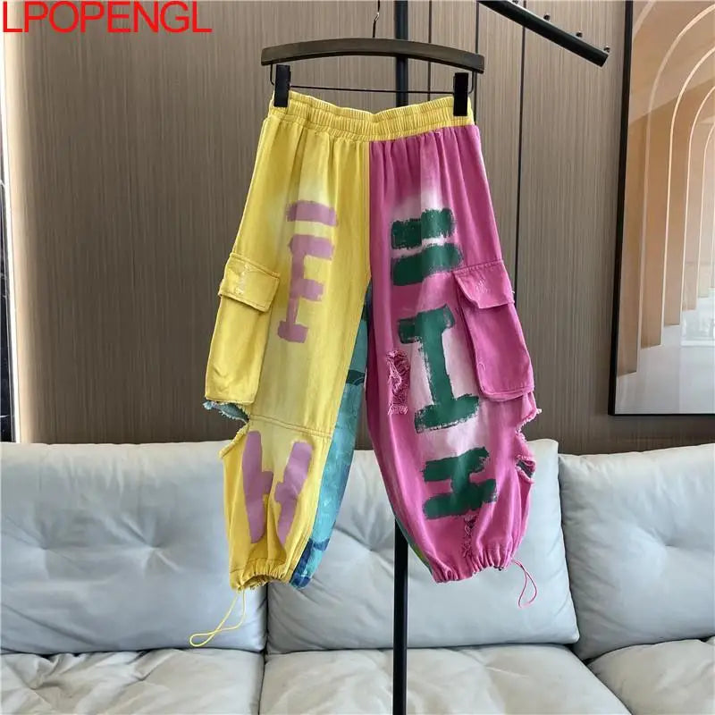 Personality Hip Hop Patchwork Pockets Jeans Women's Spring And Summer New Drawstring Ripped Streetwear Straight Leg Harem Pants