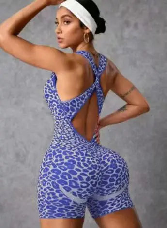 Leopard Seamless Fitness Bodysuit Shorts Women Cross Strap High Stretch Yoga Jumpsuit Workout Fashion Butt Liftting Bodysuit