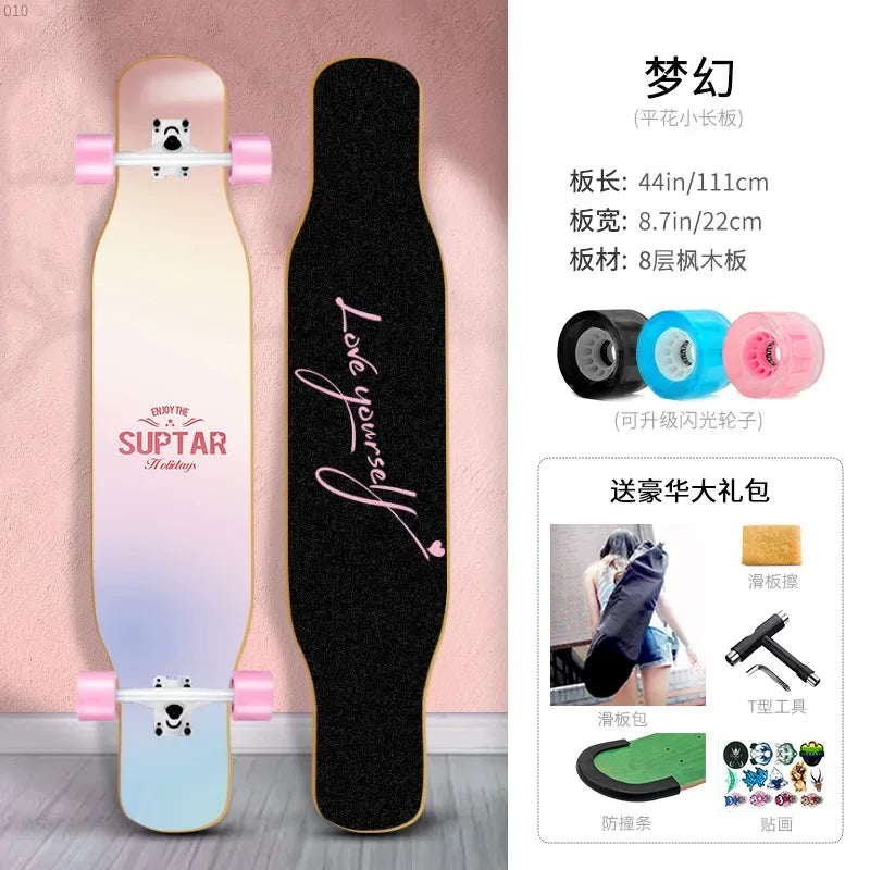 Longboard Beginner Boys and Girls Adult Professional Double Dancing Board 44in Teen Maple Quad