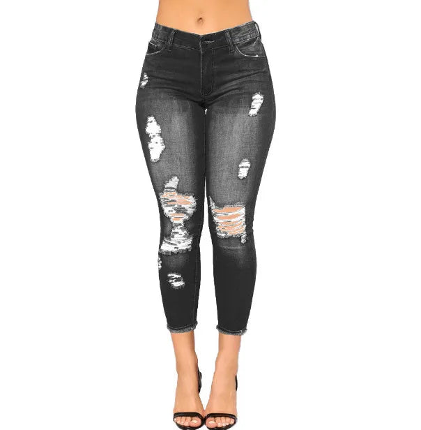 Womens Capri Jeans Cropped Skinny Ripped Jeans Pants Stretch Distressed Destroyed Denim Pants Ankle