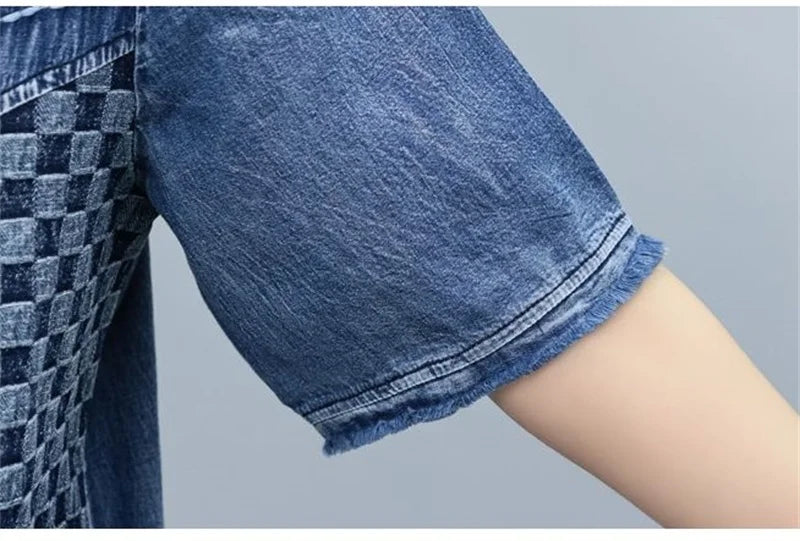 2026 Summer Women Embroidered Mosaic Lattice Denim Two-Piece Suit Fashion Sportswear Female Casual Loose 2 Piece Set Ladies