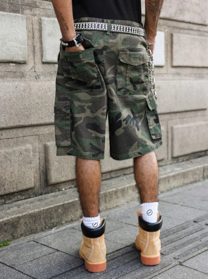 Men's retro camouflage denim shorts, casual loose straight-leg multi-pocket summer street-style shorts