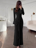 Dulzura O-Neck Long Flare Sleeve Ruched Lace Up Slim Long Dress Women'S Fashion Elegant Clothes Party Club Street Autumn Outfit