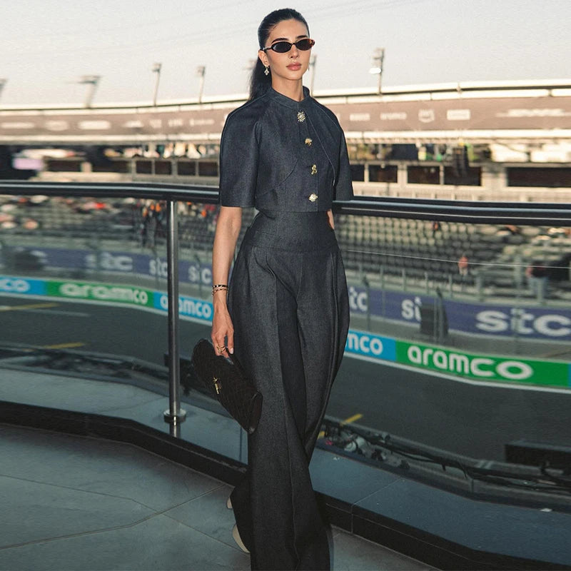 Street Denim Top Pants Women Set Short Sleeve Stand Collar Coats Wide Leg Trousers 2026 Summer Autumn 2 Pieces Set Women New
