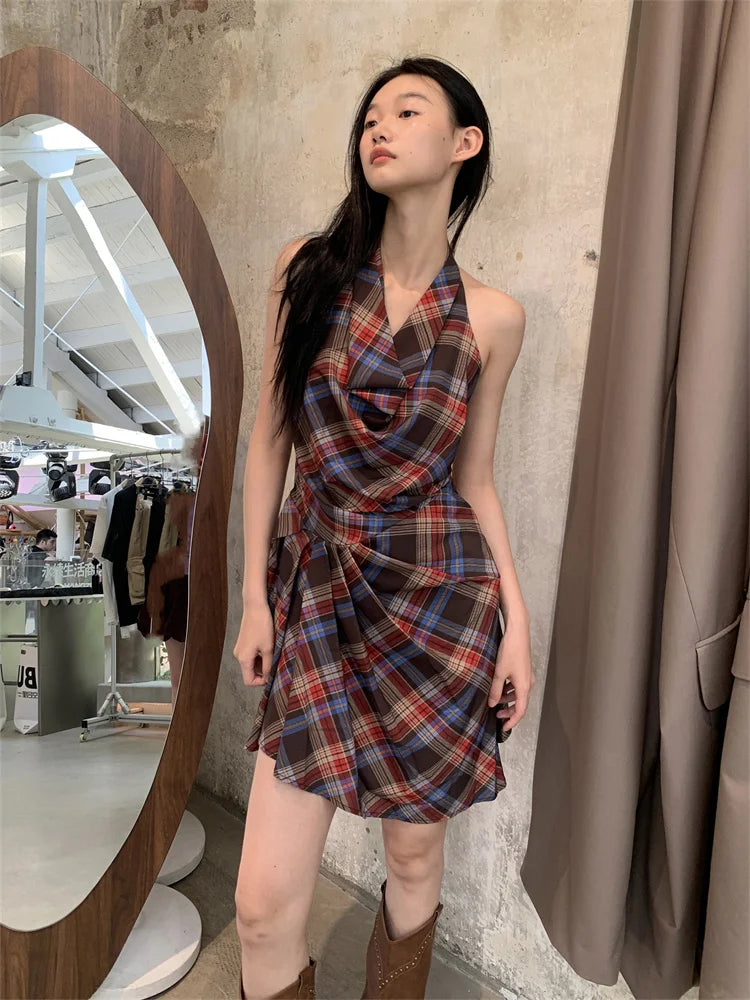 CHEERART Cowls Backless Plaid Summer Halter Dress Women 2025 Designer Vintage Sleeveless Ruched Mini Dress Clothes