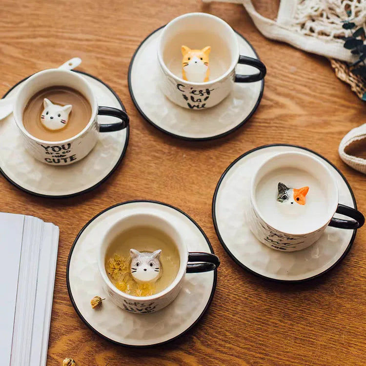Modern Cartoon Cute Cat Ceramic Coffee Cup with Saucer Cute Cat Animal Porcelain Mug for Kids Birthday Gift Breakfast Milk Mug