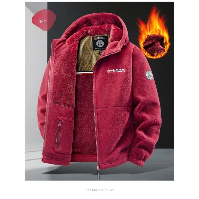 CHUJIE Men's autumn and winter fleece fashion graphenewarm hooded jacket outdoor hiking sports with thick fleece cardigan jacket