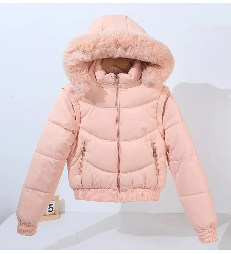 Winter Thickened Short Korean-Style Cotton-Padded Jacket with Fur Collar for Petite Women Warm Coat down Filled