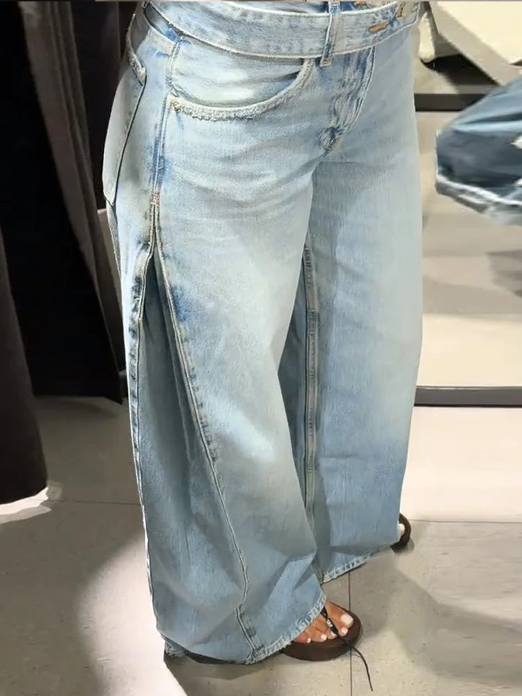 2026 Spring Low Waist Pleated Wide Leg Jeans Light Wash Raw Edge Double Waistband Casual Women Pants Trendy Y2K Lady Trousers
