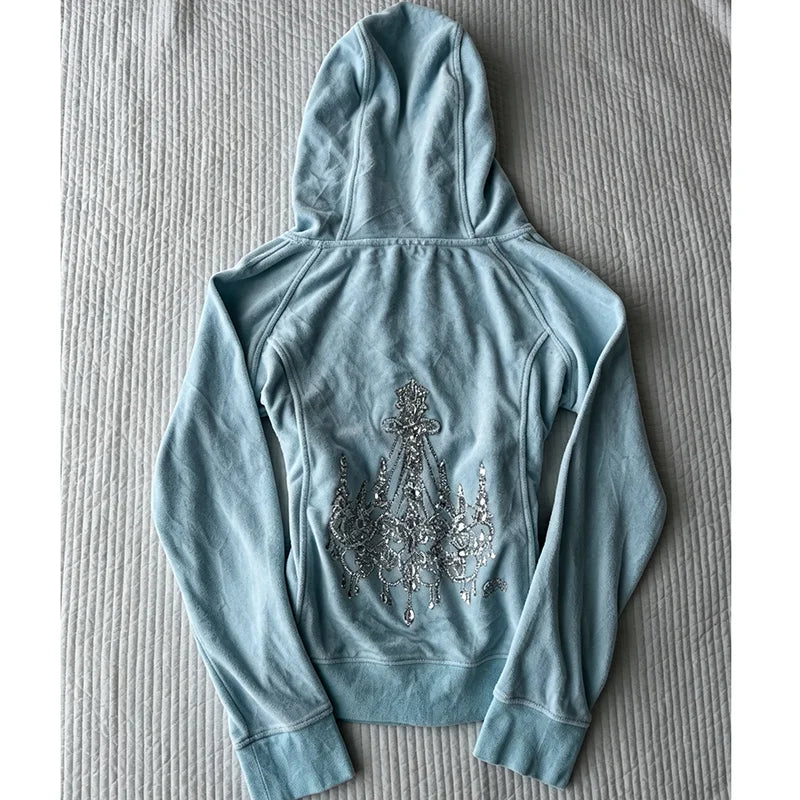 Zipper Hoodie Printed Jacket Casual Sports Long Sleeved Street Style Spicy Girl Sweet Girl Fashionable Retro Y2K