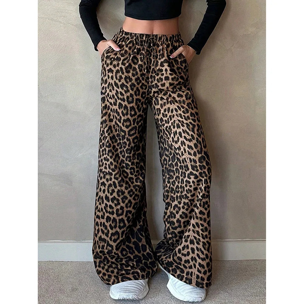 Casual Leopard Print Wide Leg Loose Fit Long Pants Versatile Spring Autumn New Style Women's Fashion plus Size Straight Leg T...