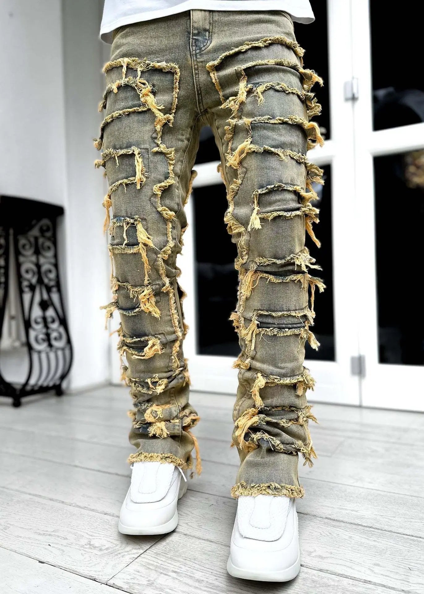 2026 New Men's Denim Straight-Leg Pants, European and American Street Fashion Ins Stretch Patch Denim Straight-Leg Pants