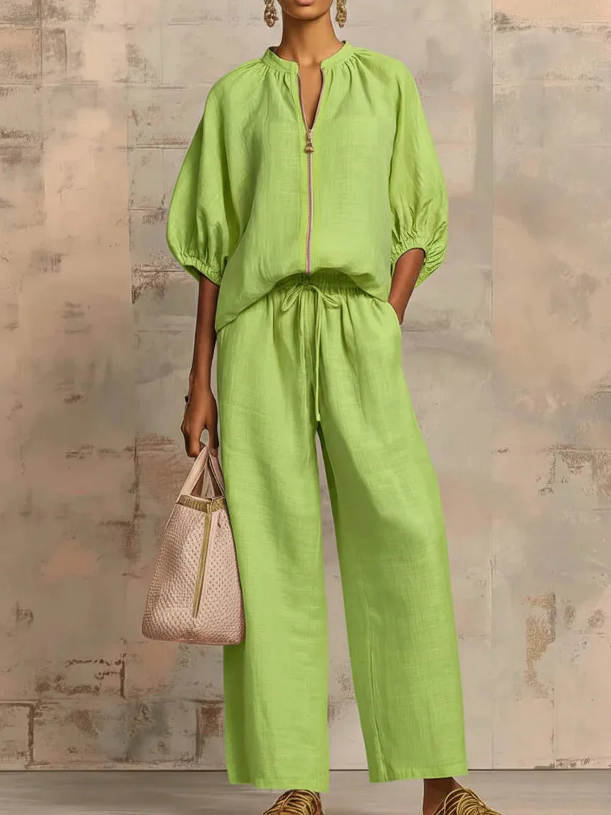 Summer Casual Women Two Piece Set Zipper Half Sleeve High Waist Round Neck Drawstring Pants Suit Women Loose Long Pants Suit