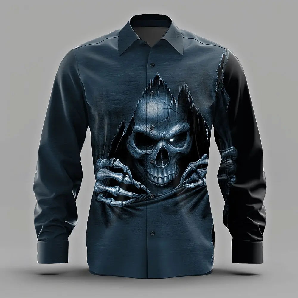 Men's Skull Death Ripped Shirt Button Up Shirt Long Sleeve Dark Punk Gothic Style Streetwear Turndown 3D Print Collared Shirts
