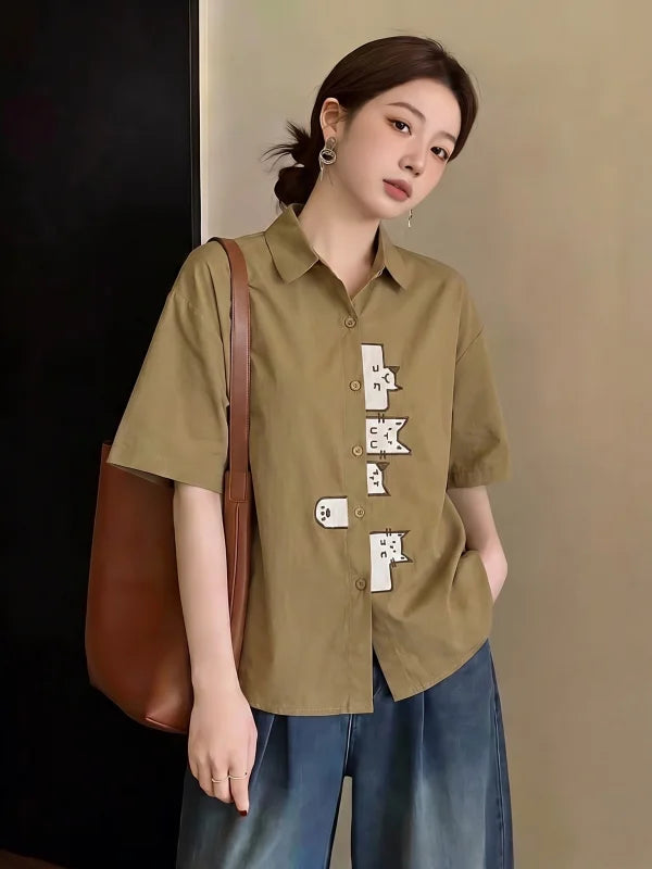 Khaki Short Sleeve Shirt Women's Shoulder Length Cover Belly Summer New Style plus Size Fat MM Age Reduction Top Commute Style