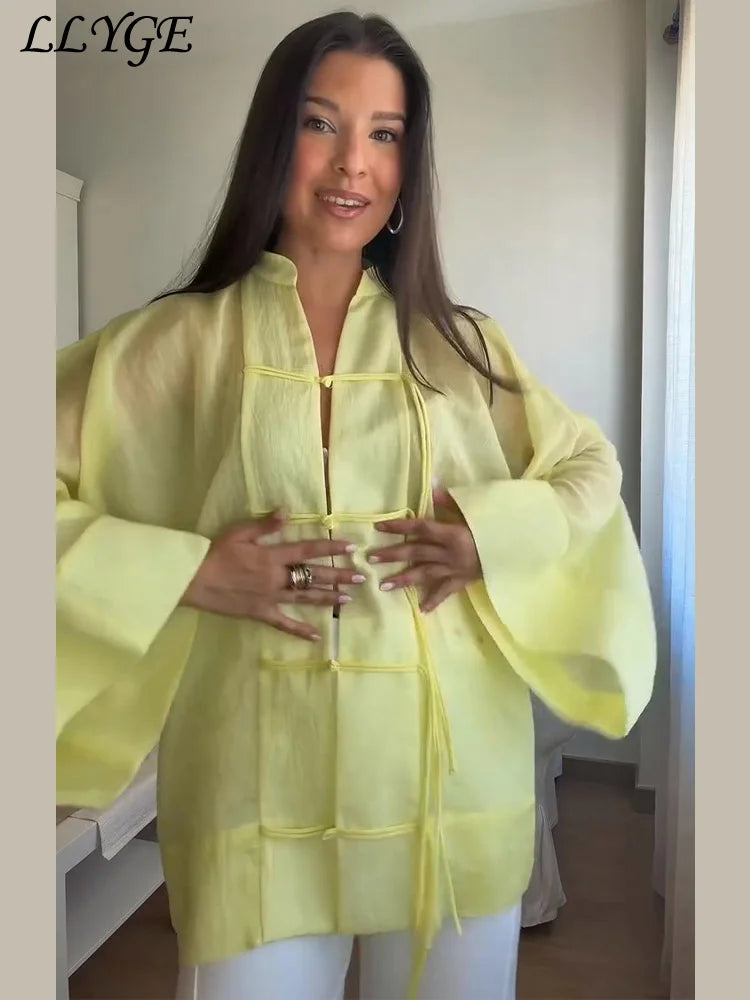 Loose Women's Frog Buttons Mandarin Shirts See Through Stand Collar Full Sleeve Blouses 2026 Summer Lady Cotton Linen Outwear
