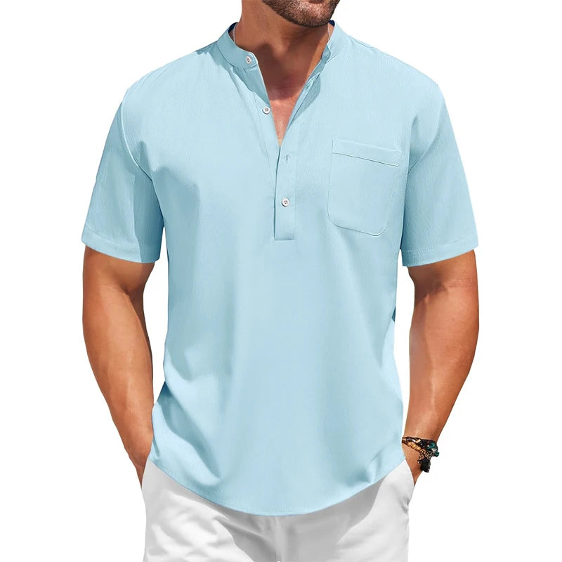 Mens Casual Henley Shirt Summer Short Sleeve Band Collar Cotton Tops Beach Hippie  Tee with Pockets Outdoor Streetwear for Men