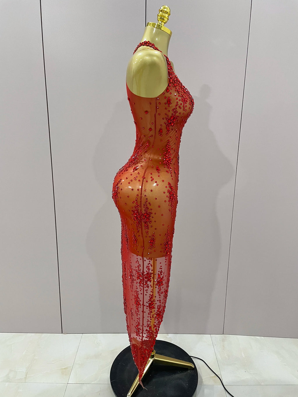 2025 New Sparkly Rhinestone V Neck Stretch Mesh Sexy See Through Dress Women Elegant Party Celebrate Perform Costume Stage Outfi