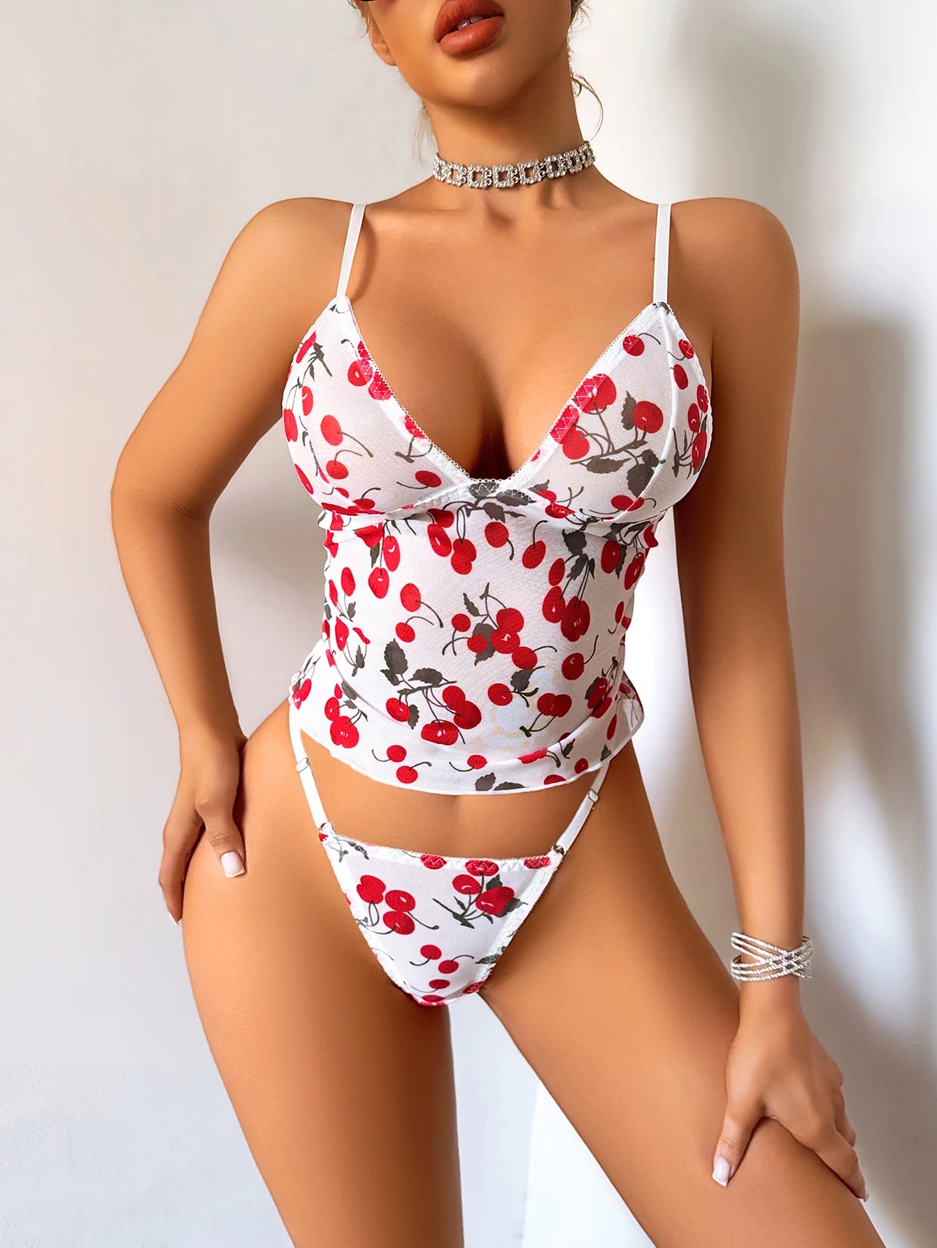 Retro Cherry Print Y2K Bikini Women Sexy Deep V High Waist Swimsuit European Style Beach Photo Matching Trendy Beachwear