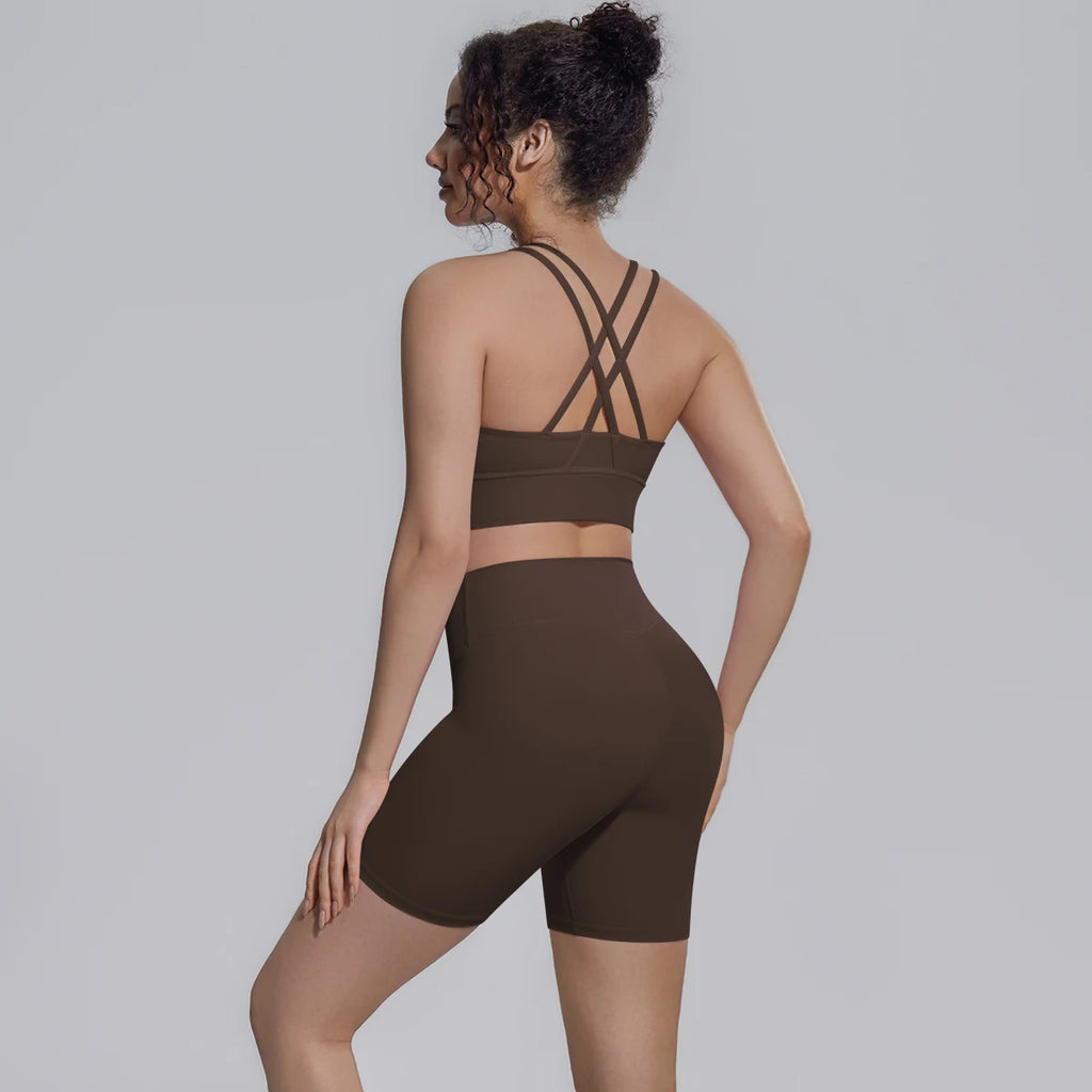 2PCS/set Yoga Set Summer Breathable Running Cycling Backless Sports Bra High Waist Peach Buttocks Fitness Shorts Gym Yoga Set