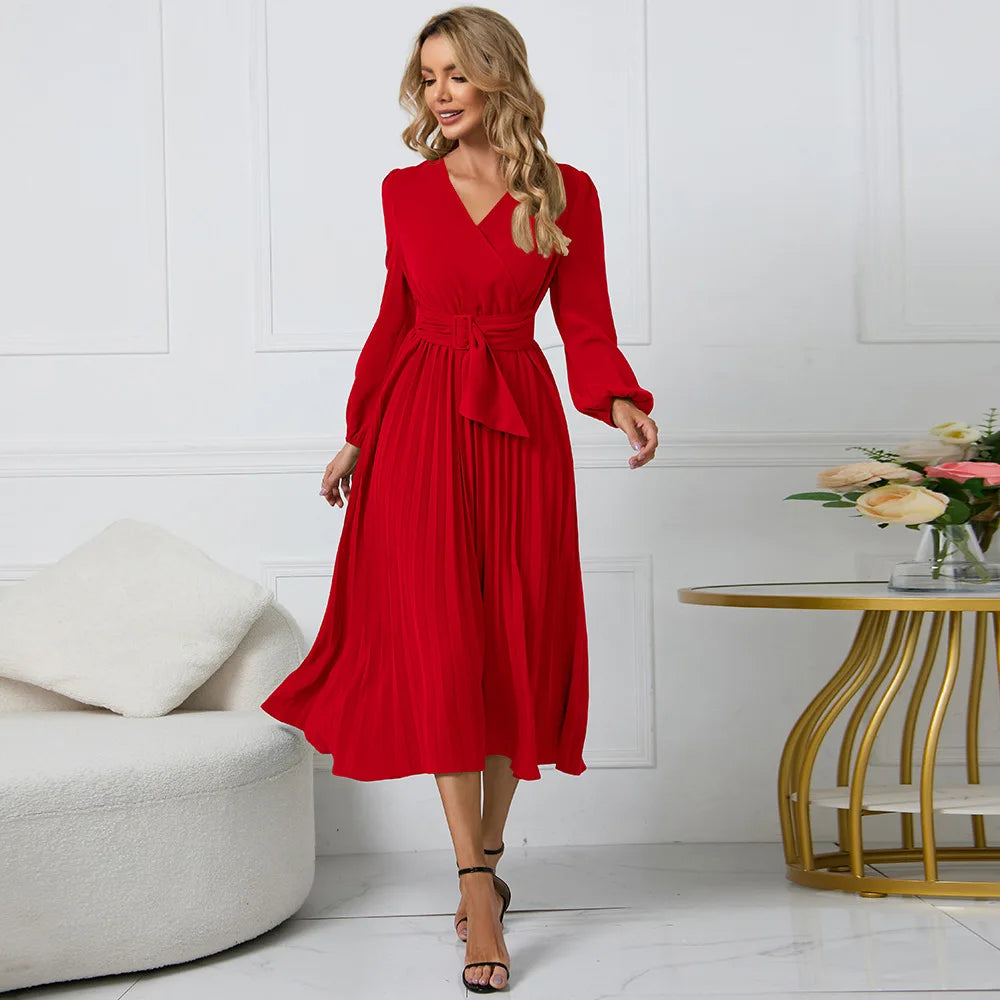 Elegant Women's Green Chiffon Autumn/Winter Long Sleeve Slim Fit Pleated Dress Fashion Women's V-neck Belt Party Dresses S-2XL