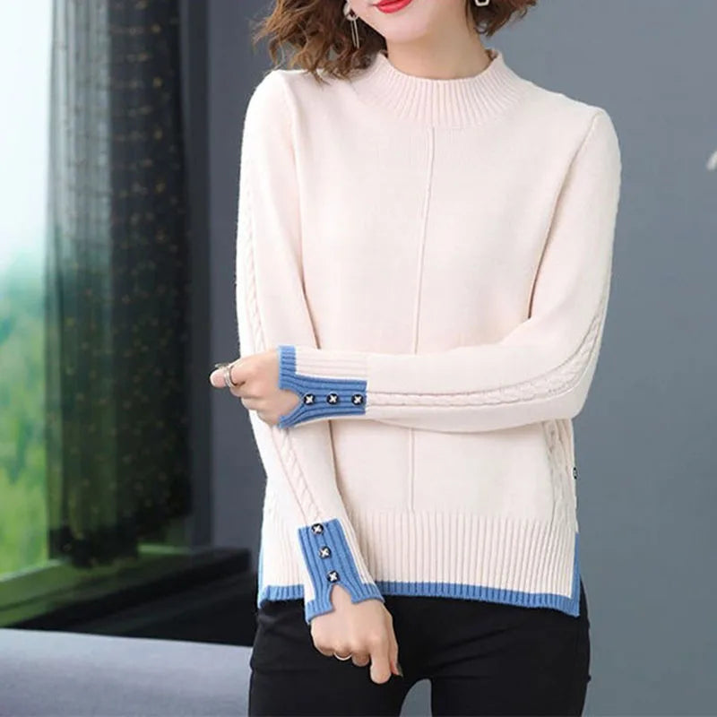 Spring Autumn Women Pullovers Korean Loose Solid Half Turtleneck Sweater Ladies Long Sleeve Jumper Tops Female Knitted Sweater