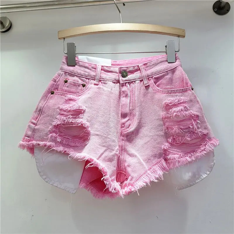Leaking Pocket Street Hole Washed Retro Blue Denim Shorts 2026 Summer New Spice Girl Fashion Jeans Hot Pants Shorts Women
