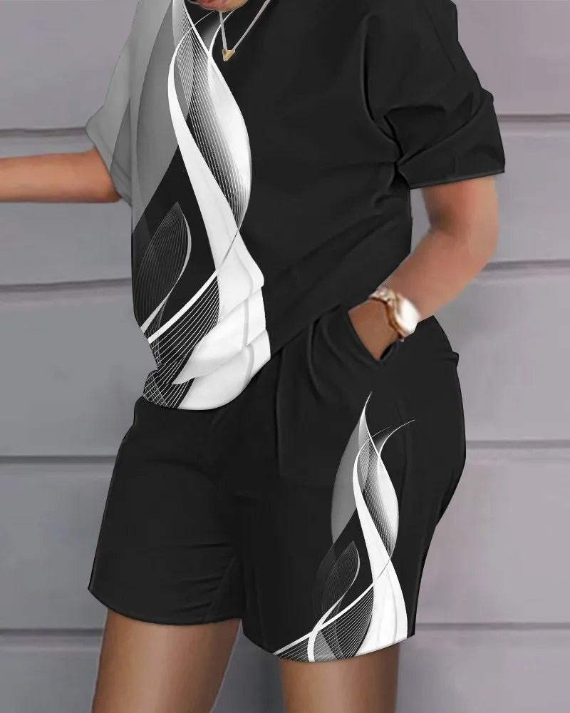 2026New Casual Set Solid Color Printed Shirt Button Long Sleeve Top+Pocket Shorts Set for Women womens matching sets 2 piece set