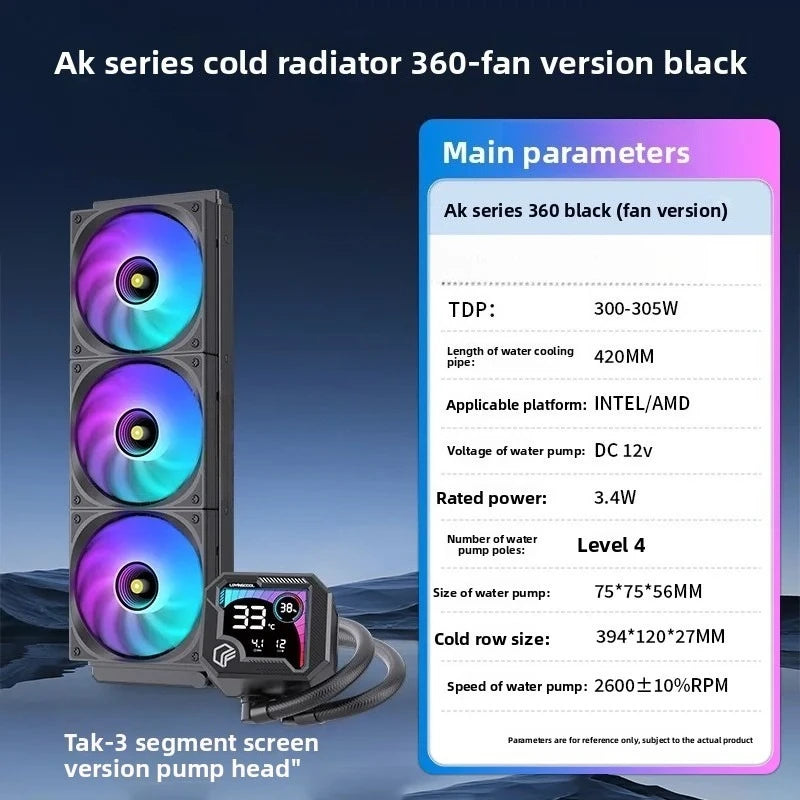 360 ARGB CPU Liquid Cooler with Segment Code Screen, Intelligent Temperature Display PC Radiator