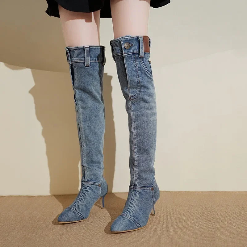 Denim Long Boots Women Knee Boots New 2025 Autumn Winter High Heels Retro Western Hot Girl Cowboy Boots Lady Modern Boot Botas