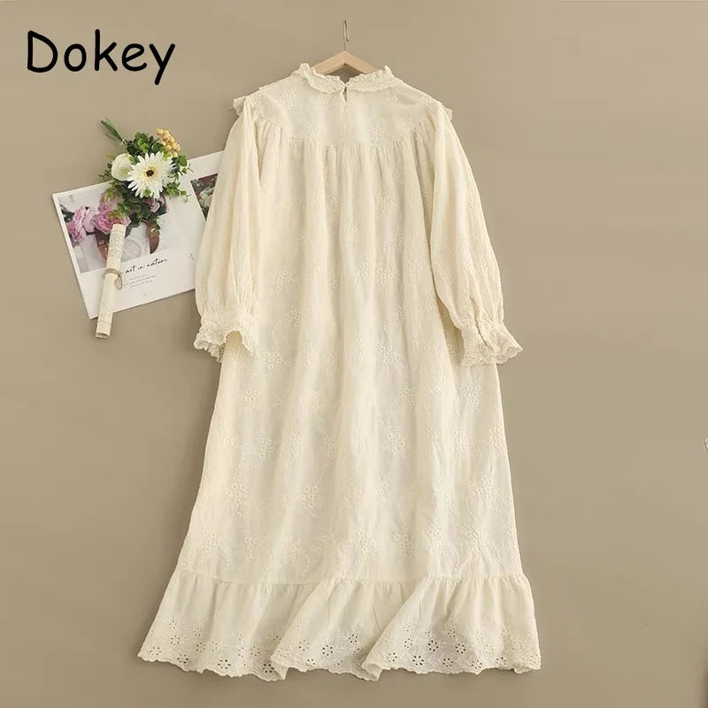 Vintage Embroidery Hollow Out Cotton Linen Dress Women Spring Mori Girl Lace Ruffled Casual Long Sleeve Loose Pullover Vestidos