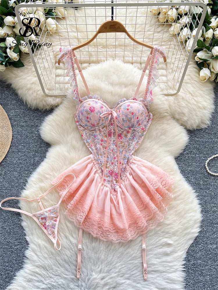 SINGREINY Strap Corset Lingerie Nightdress New Sleeveless Slim Floral Print Mini Nightwear Shapewear Mesh Lace Erotic Mini Dress