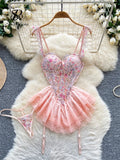 SINGREINY Strap Corset Lingerie Nightdress New Sleeveless Slim Floral Print Mini Nightwear Shapewear Mesh Lace Erotic Mini Dress