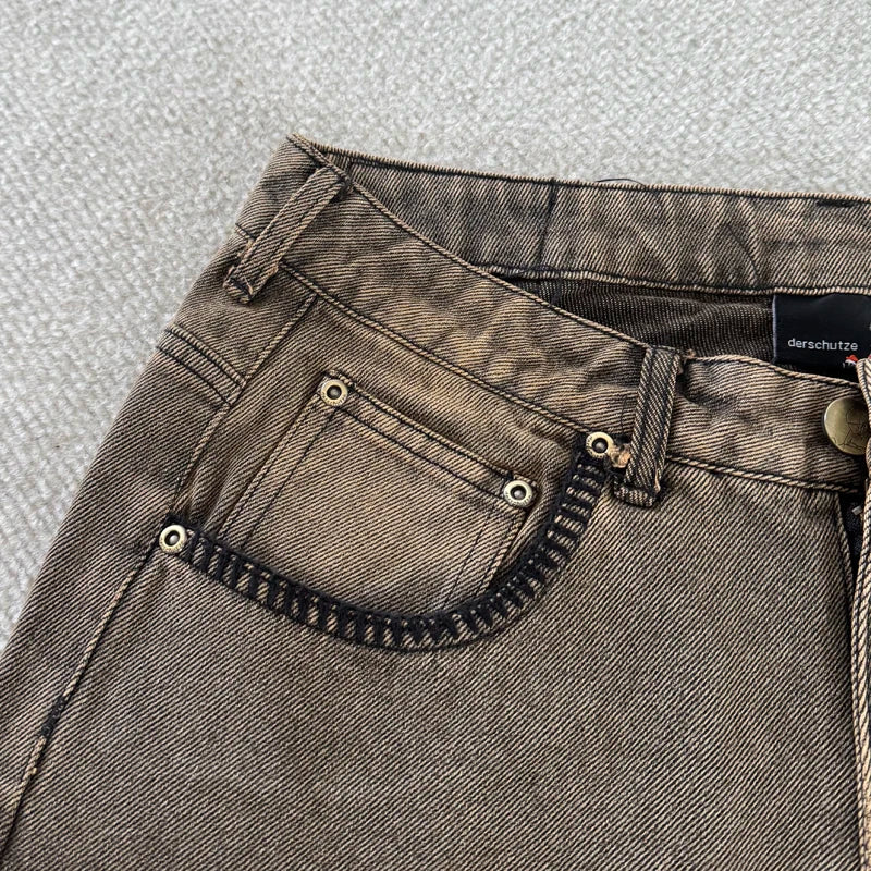 New High Quality American Retro Derchutze Denim Shorts Embroidered Patterns Men's Straight Leg Pants Stock