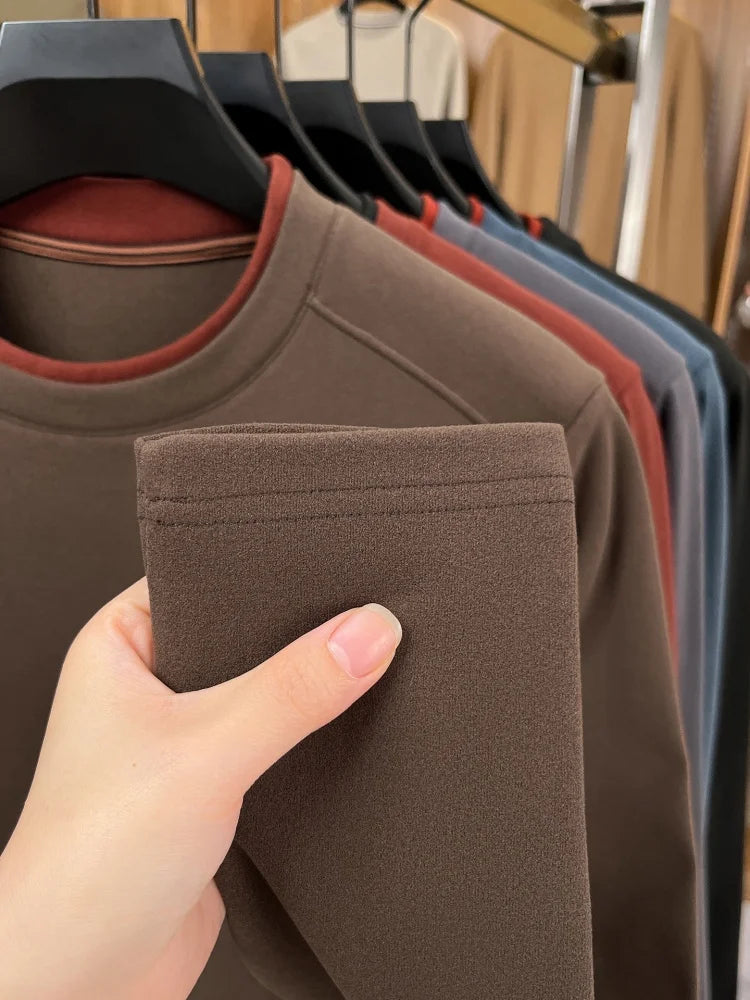 Unique fake two pieces round neck sweater men fashion brand letter emboss pullover autumn winter warm velvet long sleeve T-shirt