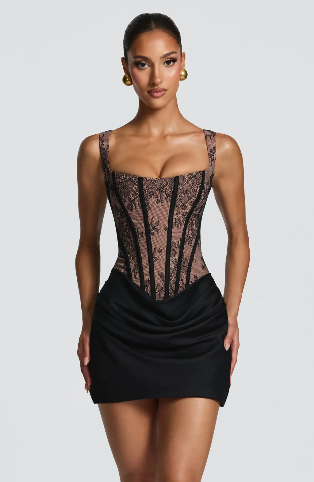 Spaghetti Strap Lace Corset Mini Dress Women Back Lace Up Draped Satin Bodycon Party Club Short Dress INS Style