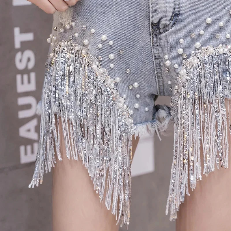 2026 Summer New Personalized Denim Shorts Women's High Waist Diamond Inlaid Heavy Industry sequins Tassel Denim Hot Pants Trendy