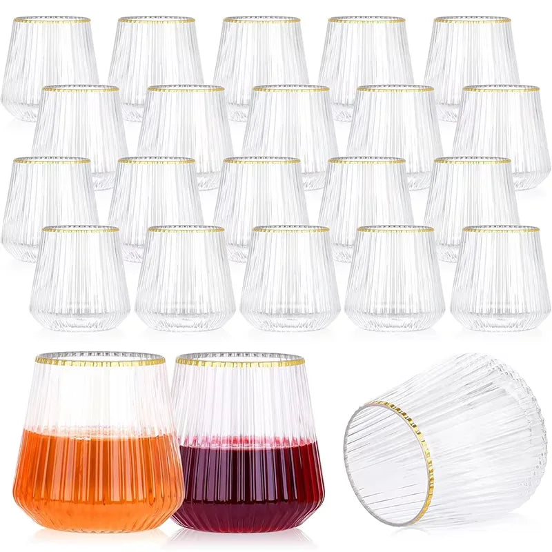 24 Pack Plastic Ribbed Wine Glasses 14Oz Origami Disposable Wine Glasses Unbreakable Clear Plastic Cocktail Glasses  Wine Cups