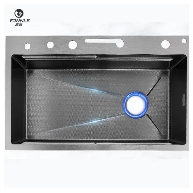 LED Factory 304 Stainless Steel Anti-Scratch Kitchen Sink Multifunction LED Digital Display Pull-Out Faucet Single Bowl Design