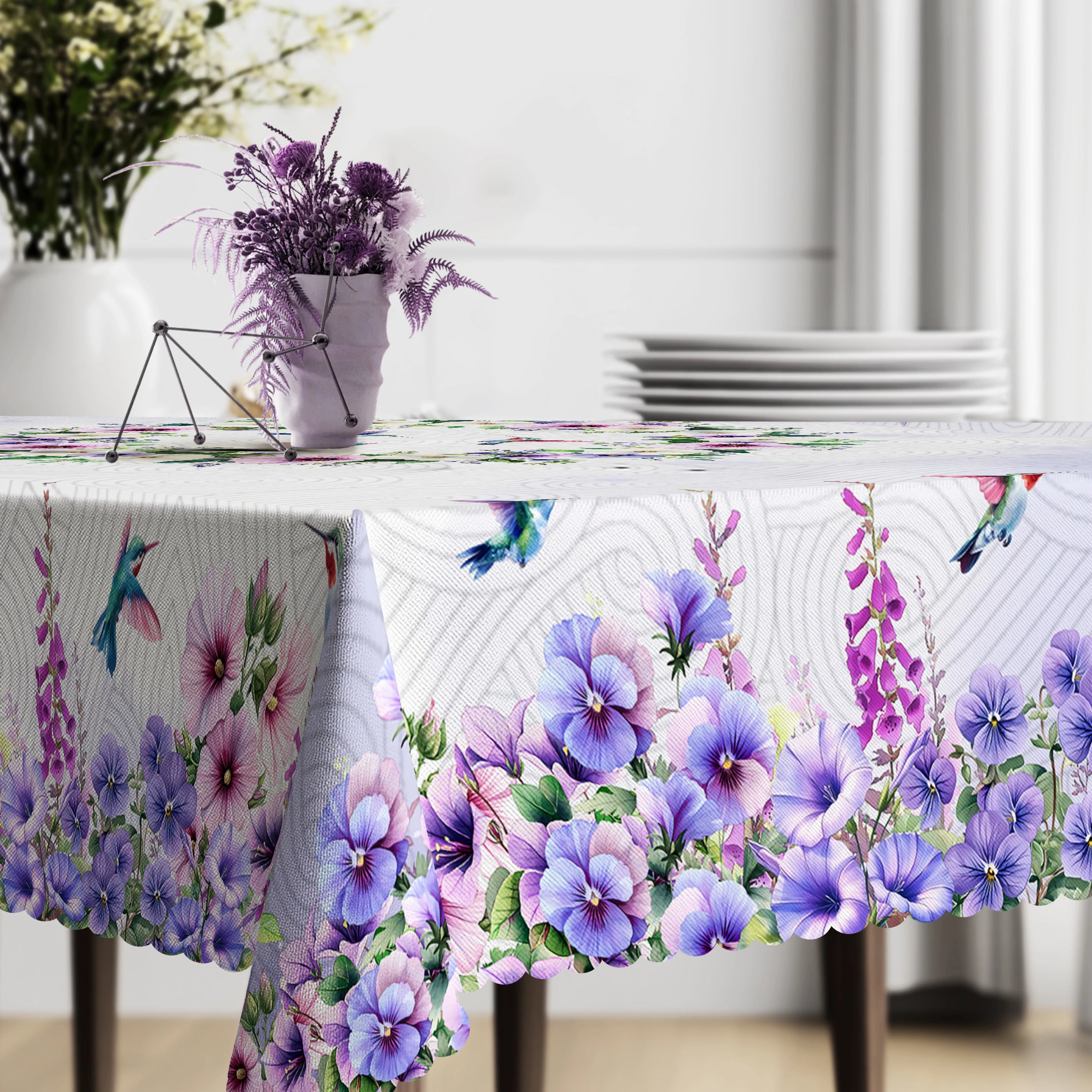 1 Piece, Purple Morning Glory Hummingbird Tablecloth + 4 Tablecloth Stickers, Morning Glory and Hummingbird Pattern Design, Holiday Table Decoration Cloth, Round/Rectangular Tablecloth, Suitable for Home Decoration, Room Deco